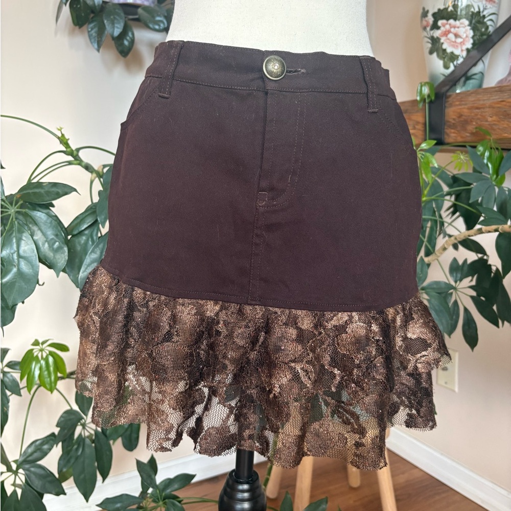 Simon Chang - Chocolate Brown Denim Mini Skirt - Picture 1 of 7